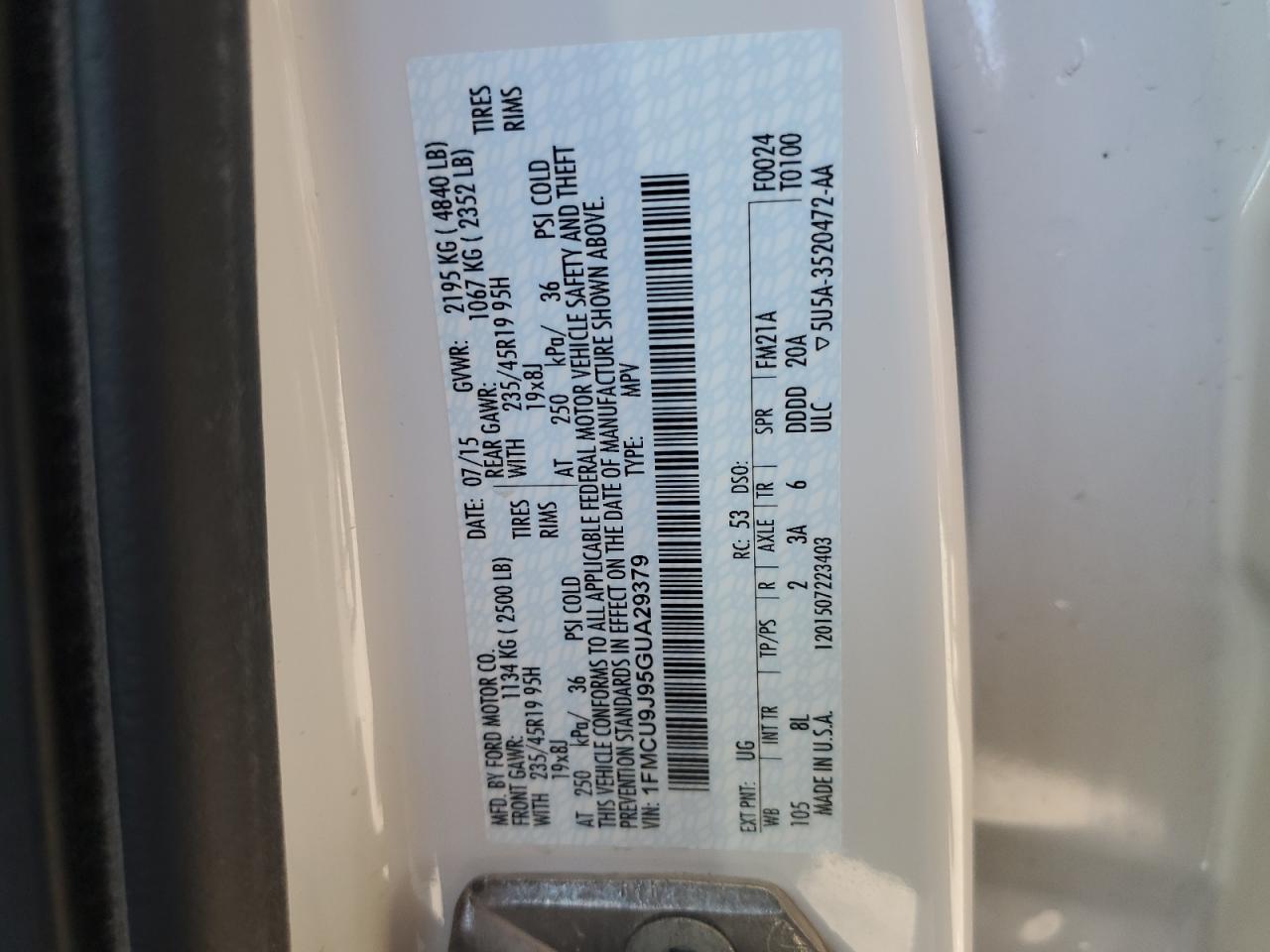 2016 Ford Escape Titanium VIN: 1FMCU9J95GUA29379 Lot: 85538365