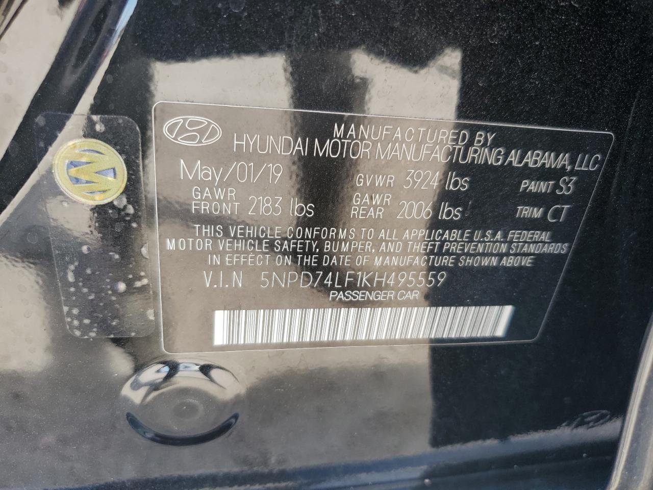 2019 Hyundai Elantra Se VIN: 5NPD74LF1KH495559 Lot: 84754995