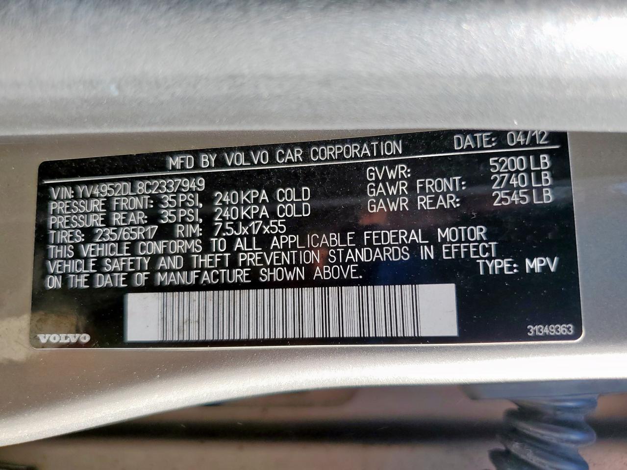 2012 Volvo Xc60 3.2 VIN: YV4952DL8C2337949 Lot: 84646145