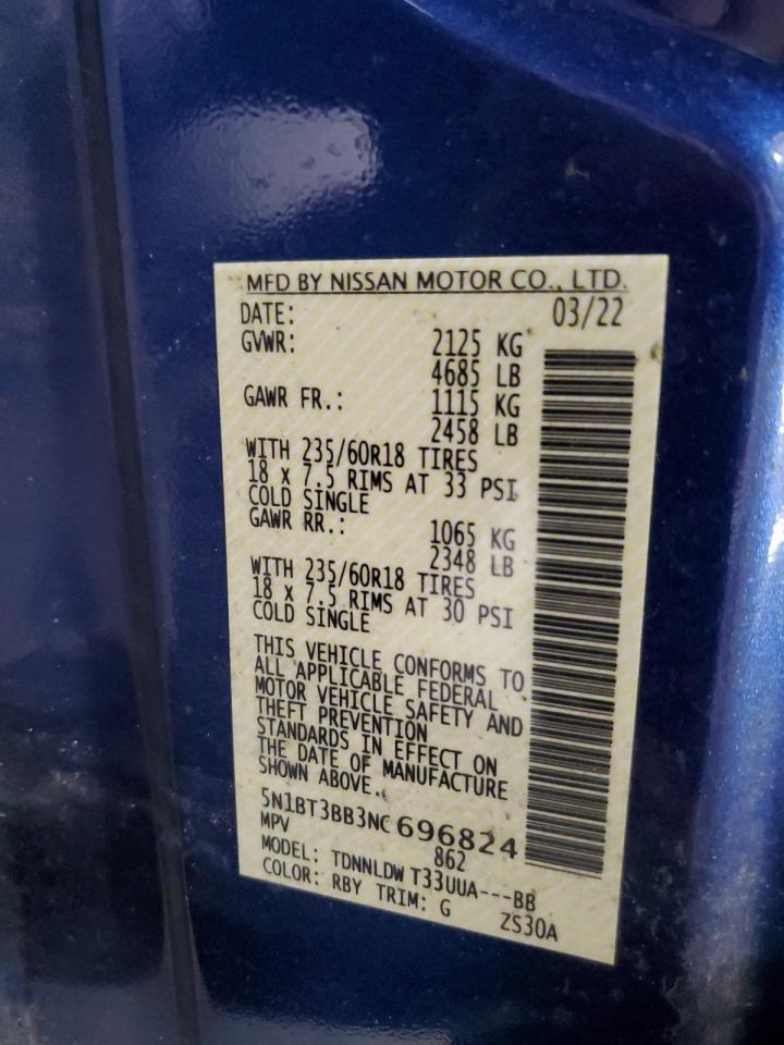 2022 Nissan Rogue Sv VIN: 5N1BT3BB3NC696824 Lot: 85701615