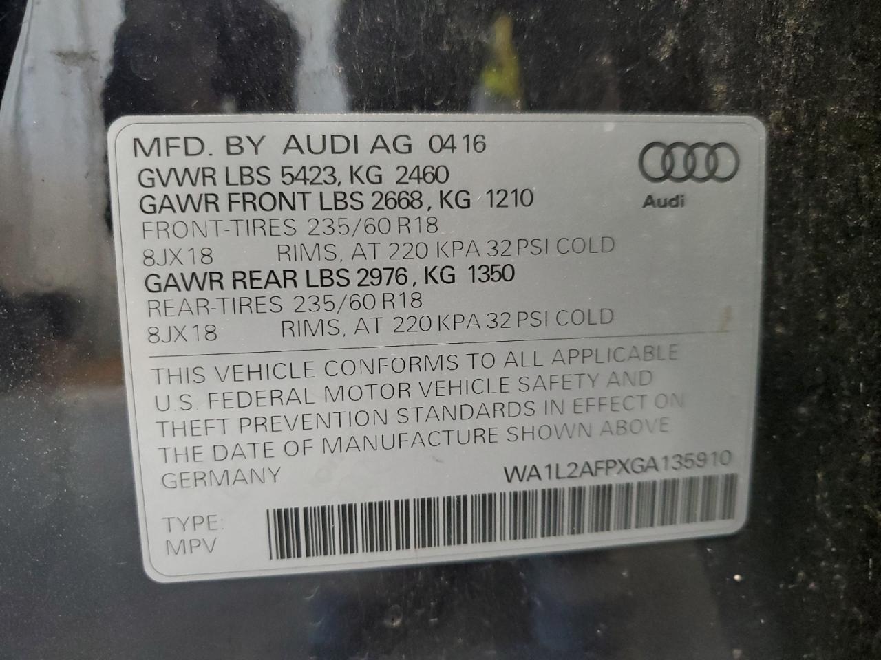 2016 Audi Q5 Premium Plus VIN: WA1L2AFPXGA135910 Lot: 85517775