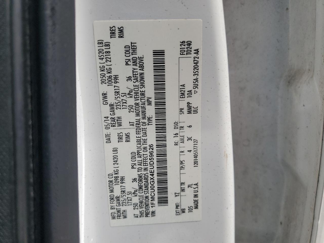 2014 Ford Escape Se VIN: 1FMCU0GX4EUD59626 Lot: 84579085