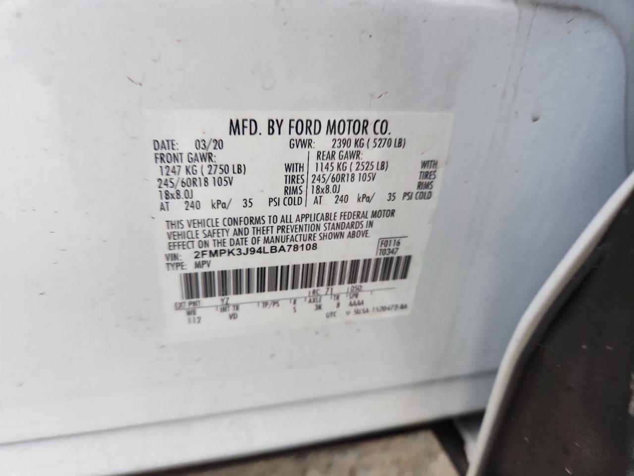 2020 Ford Edge Sel VIN: 2FMPK3J94LBA78108 Lot: 85182435