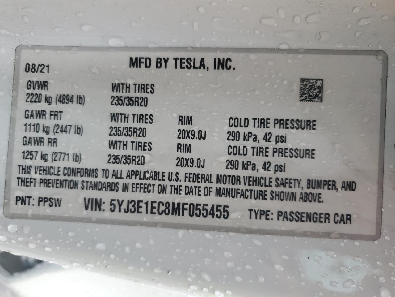 2021 Tesla Model 3 VIN: 5YJ3E1EC8MF055455 Lot: 86531815