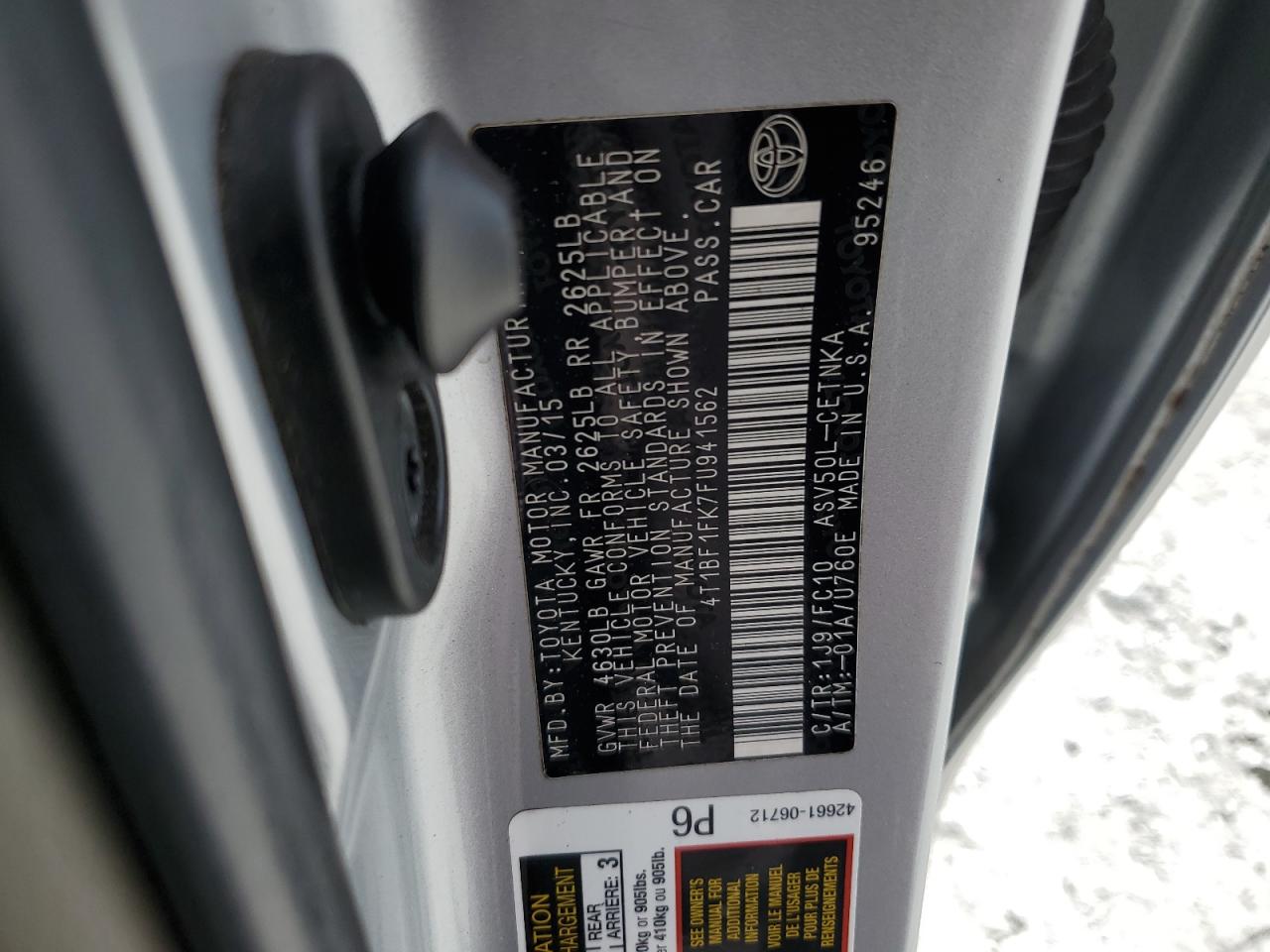 2015 Toyota Camry Le VIN: 4T1BF1FK7FU941562 Lot: 86447625