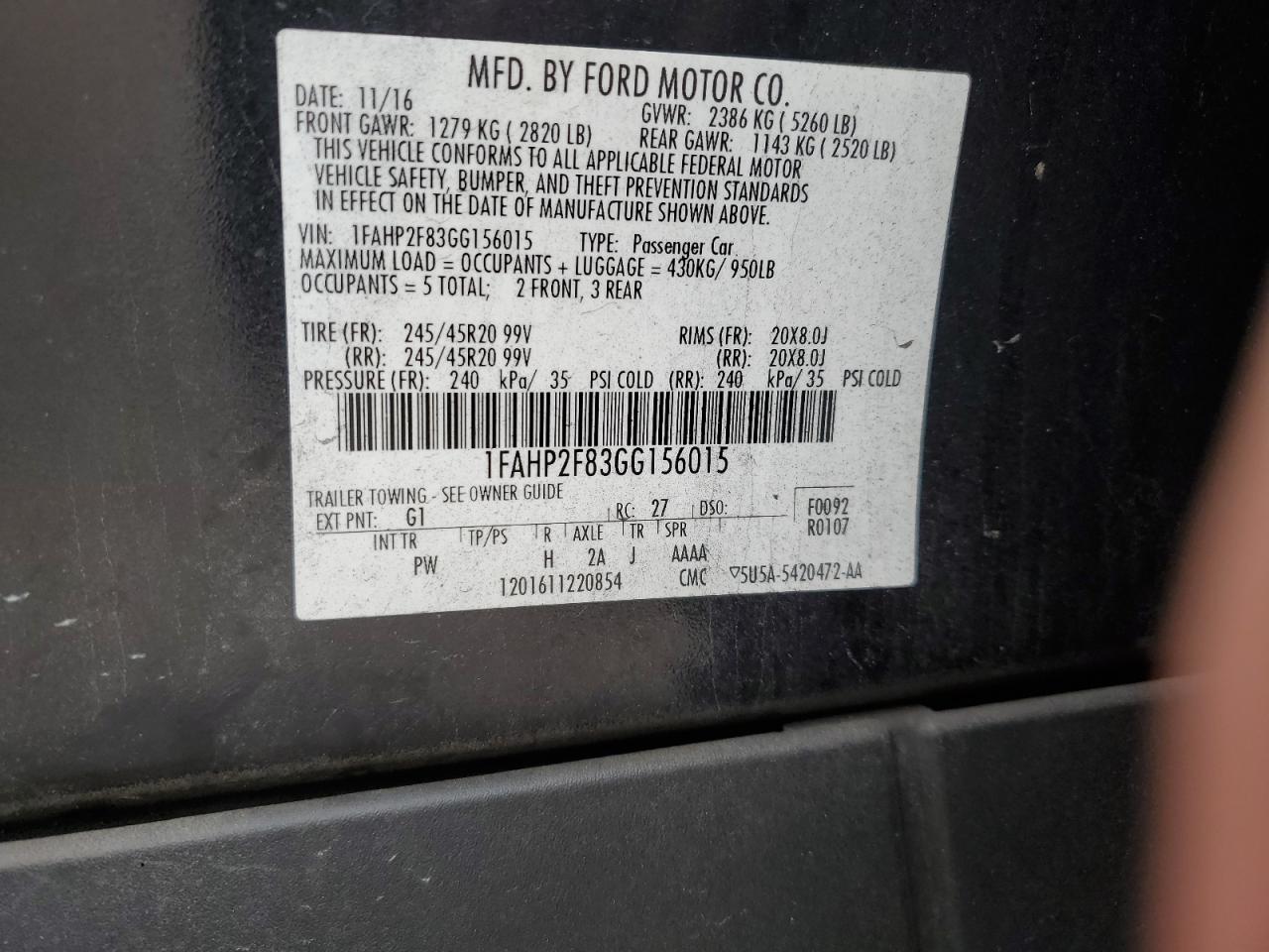 2016 Ford Taurus Limited VIN: 1FAHP2F83GG156015 Lot: 82141825