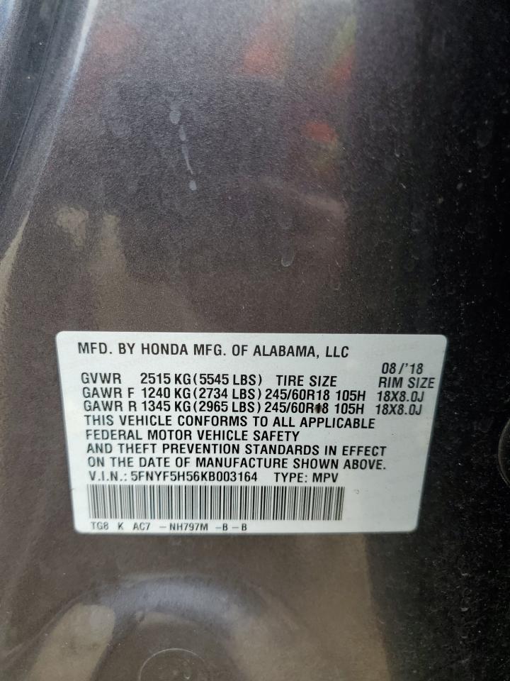 2019 Honda Pilot Exl VIN: 5FNYF5H56KB003164 Lot: 90103115