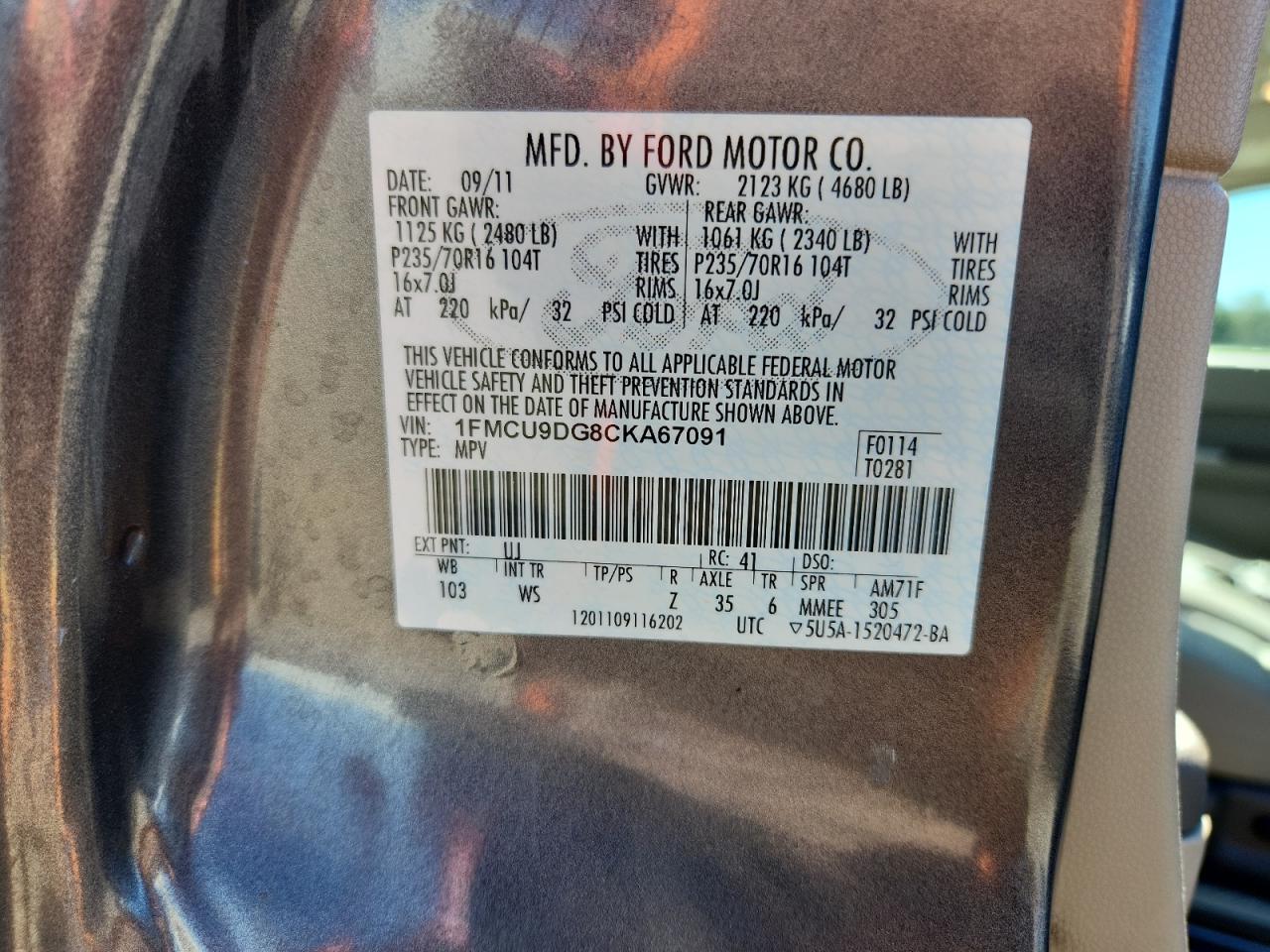 2012 Ford Escape Xlt VIN: 1FMCU9DG8CKA67091 Lot: 86214235