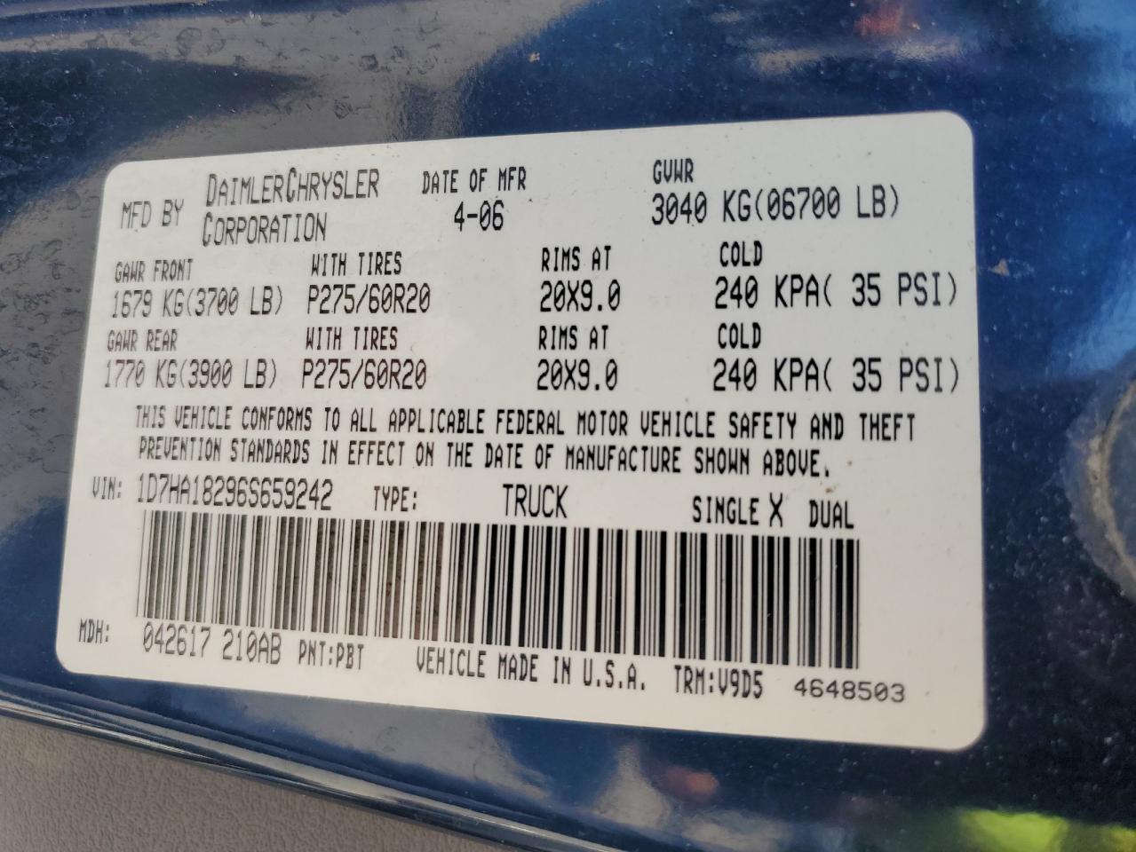 2006 Dodge Ram 1500 St VIN: 1D7HA18296S659242 Lot: 82632845