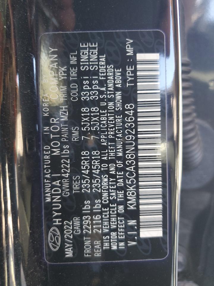 2022 Hyundai Kona Limited VIN: KM8K5CA38NU923648 Lot: 84450365