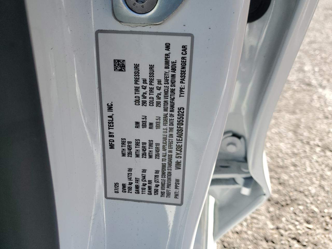 2025 Tesla Model 3 VIN: 5YJ3E1EA0SF055025 Lot: 90847505