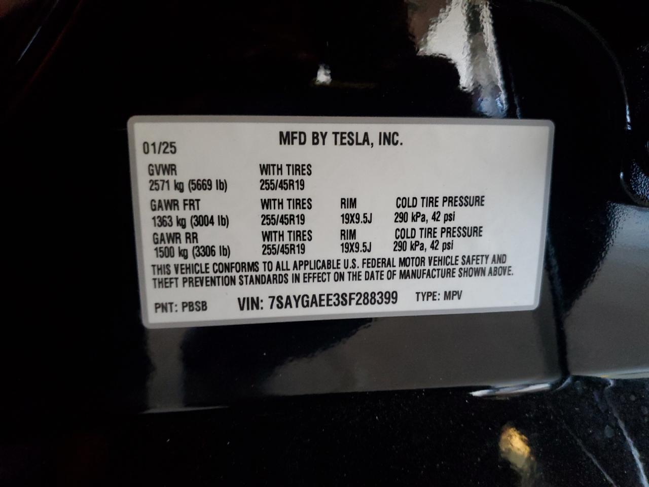 2025 Tesla Model Y VIN: 7SAYGAEE3SF288399 Lot: 89551295