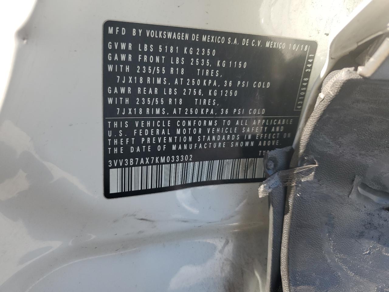 2019 Volkswagen Tiguan Se VIN: 3VV3B7AX7KM033302 Lot: 87059965