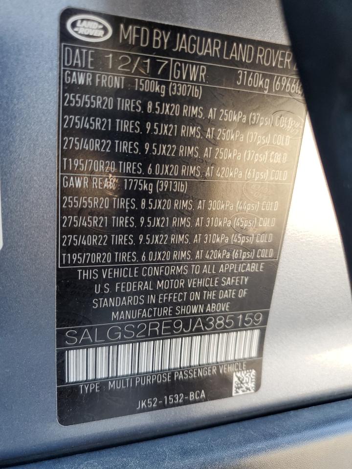 2018 Land Rover Range Rover Supercharged VIN: SALGS2RE9JA385159 Lot: 89814335