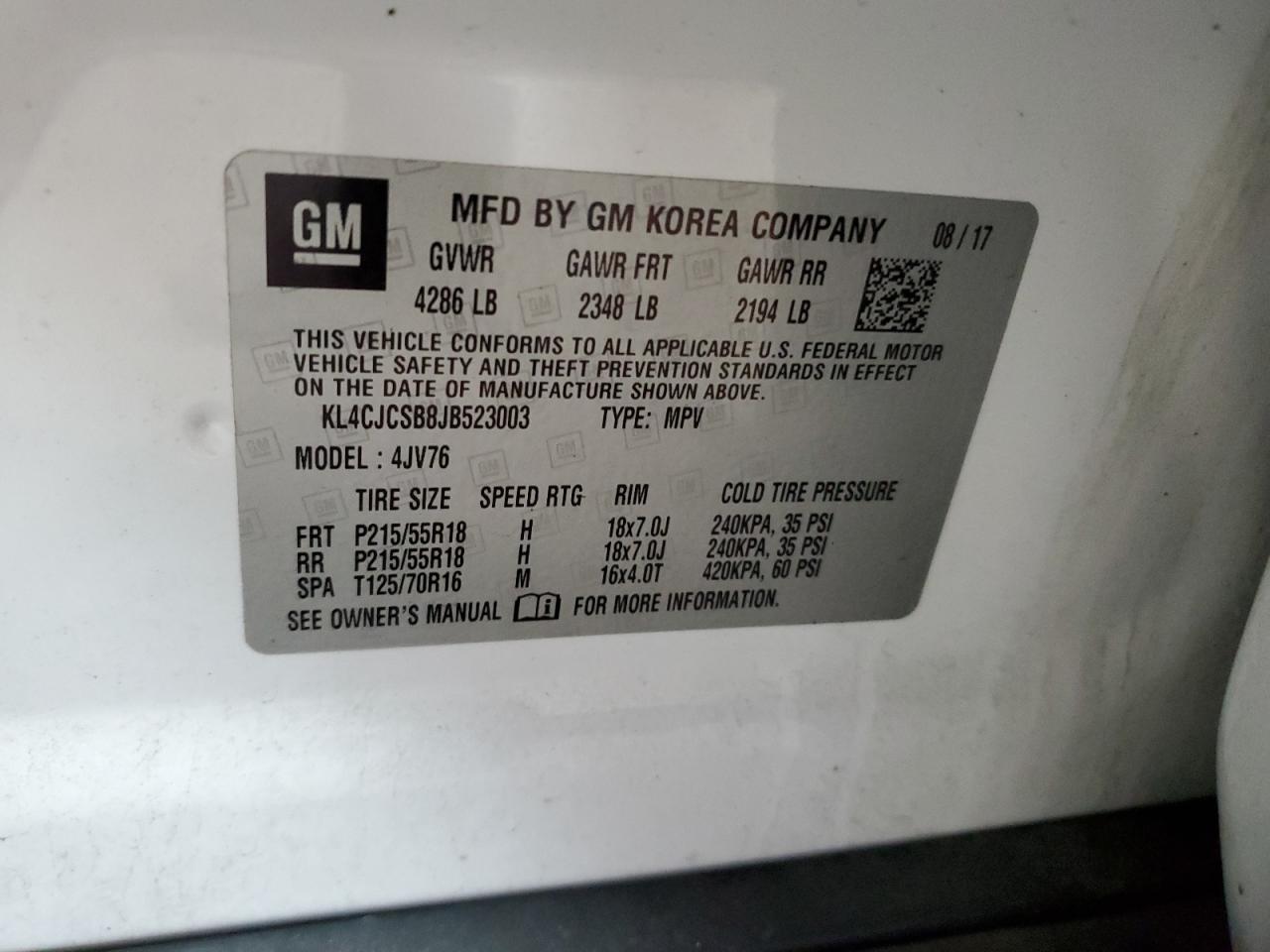 2018 Buick Encore Essence VIN: KL4CJCSB8JB523003 Lot: 89805505