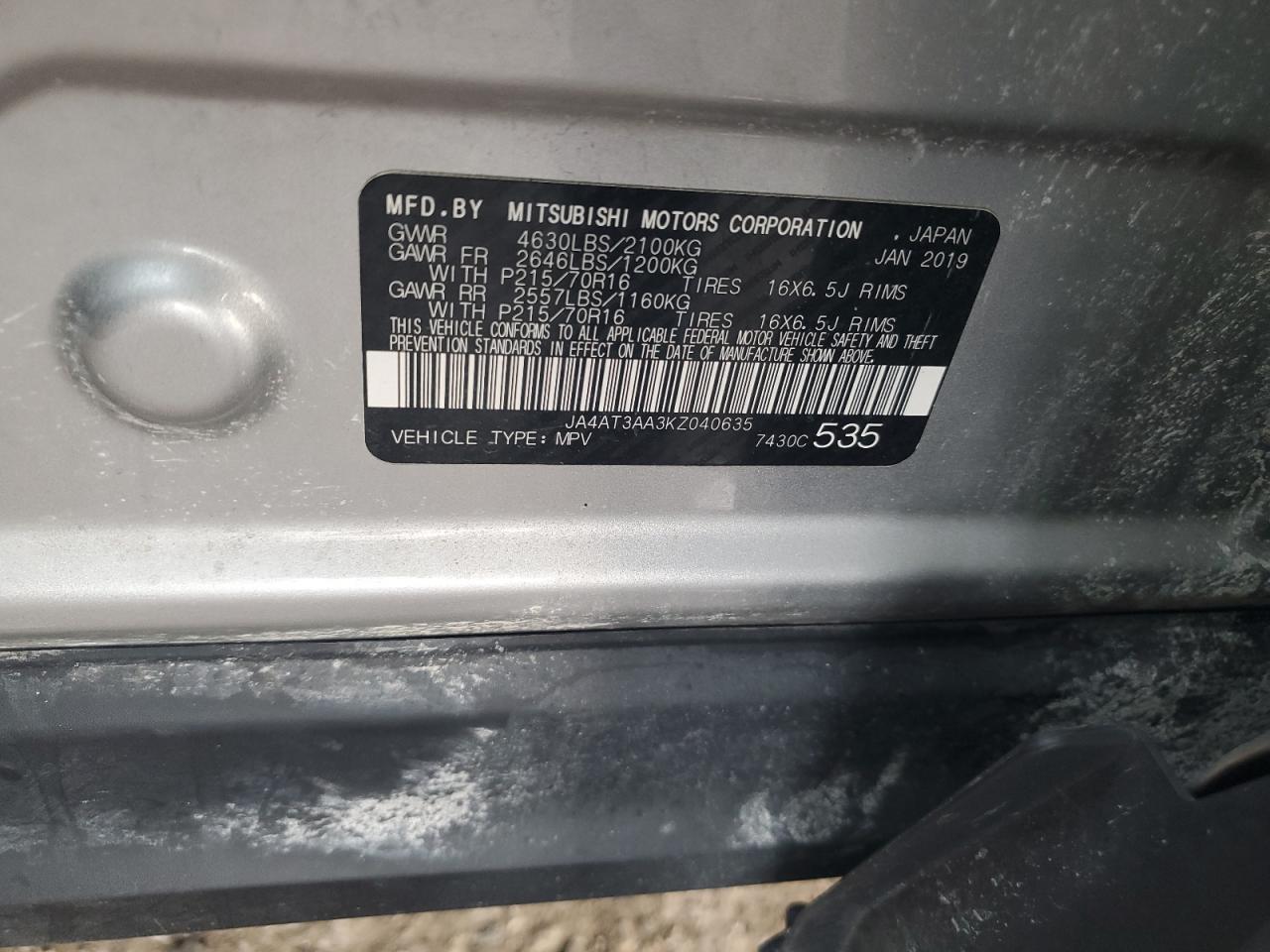 2019 Mitsubishi Eclipse Cross Es VIN: JA4AT3AA3KZ040635 Lot: 85482915