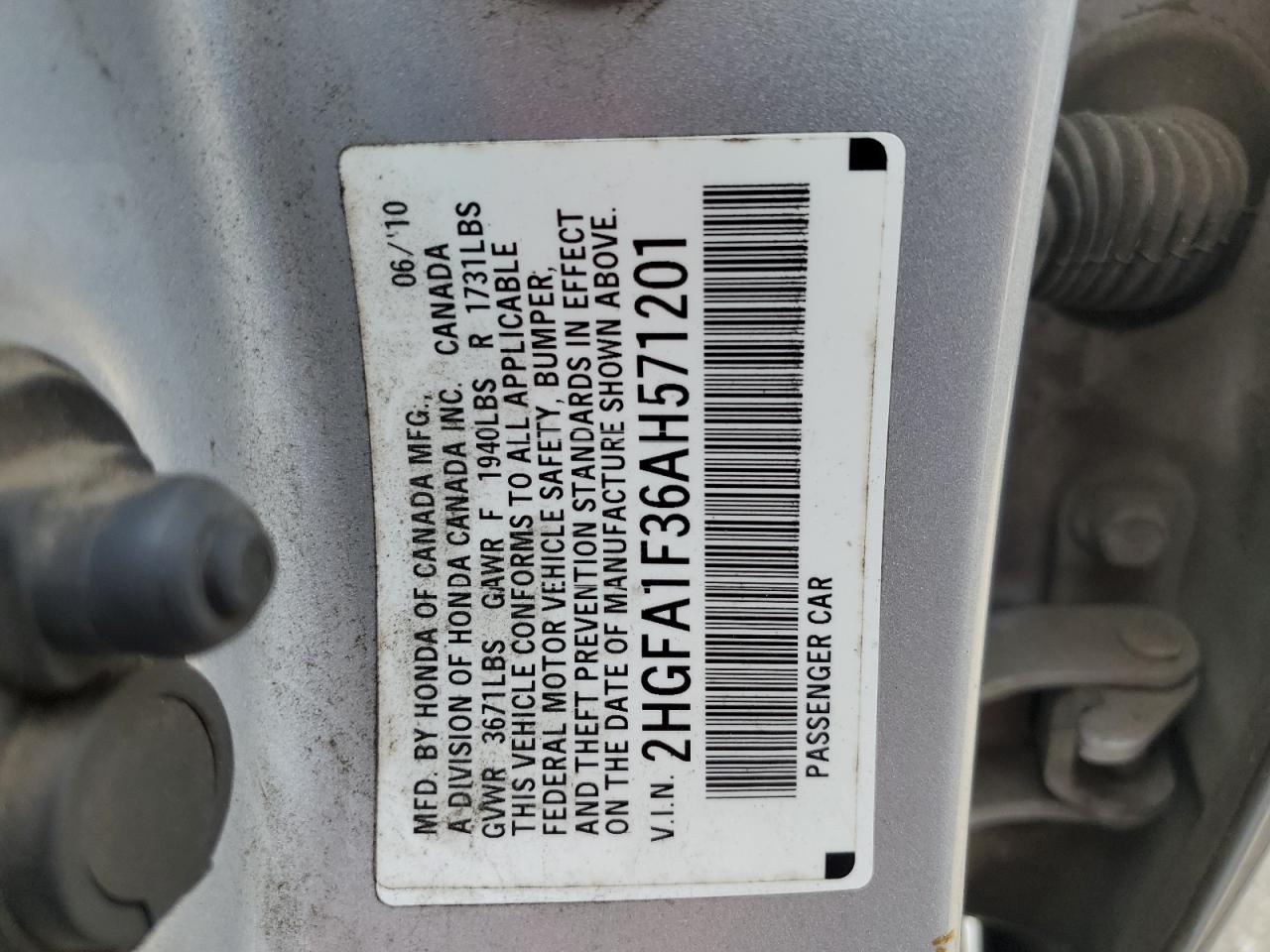 2010 Honda Civic Vp VIN: 2HGFA1F36AH571201 Lot: 85272885