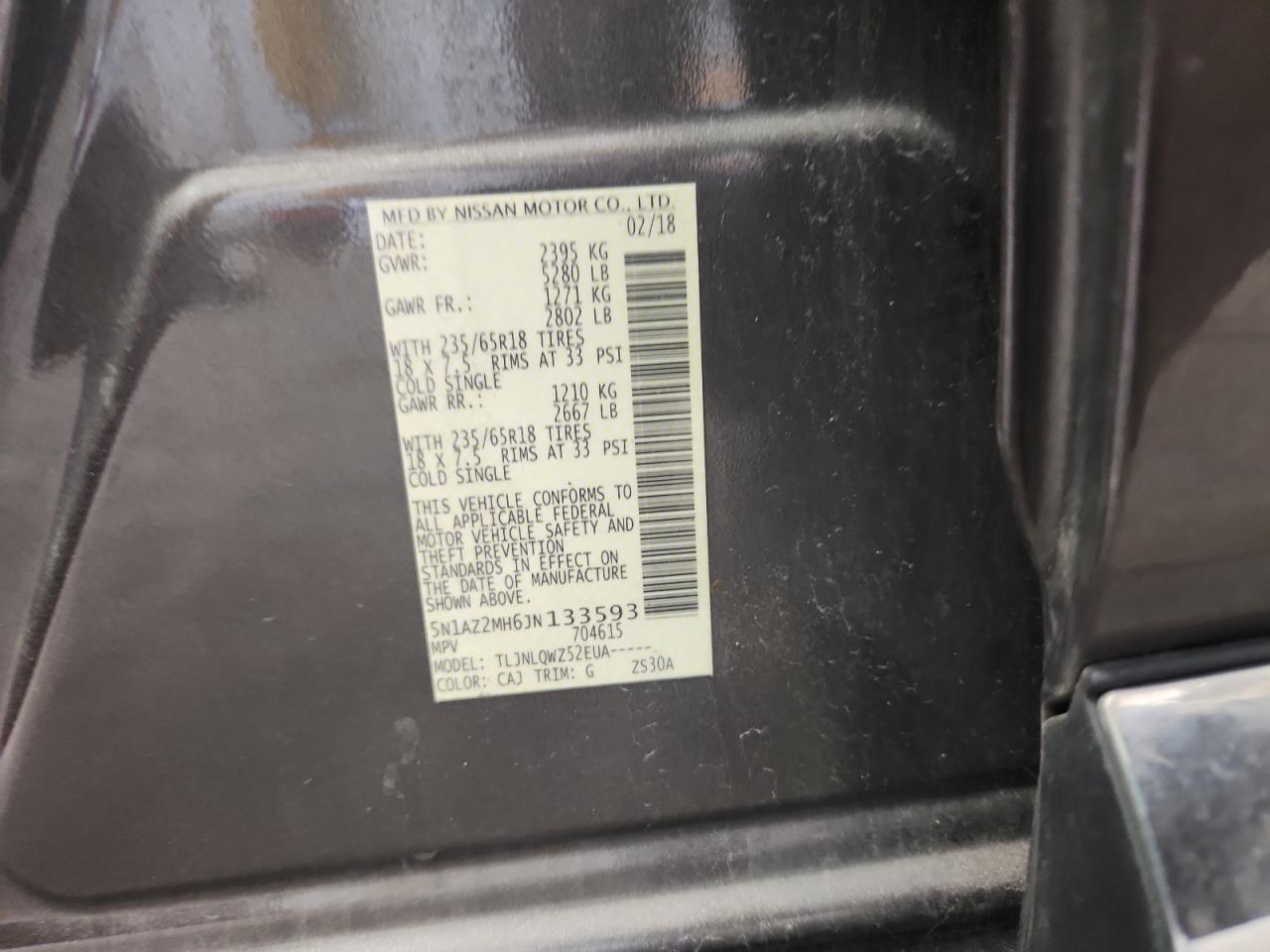 2018 Nissan Murano S VIN: 5N1AZ2MH6JN133593 Lot: 83938065