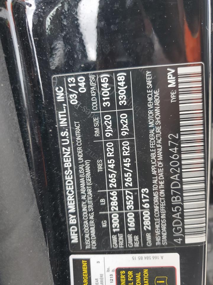 2013 Mercedes-Benz Ml 350 VIN: 4JGDA5JB7DA206472 Lot: 86239885