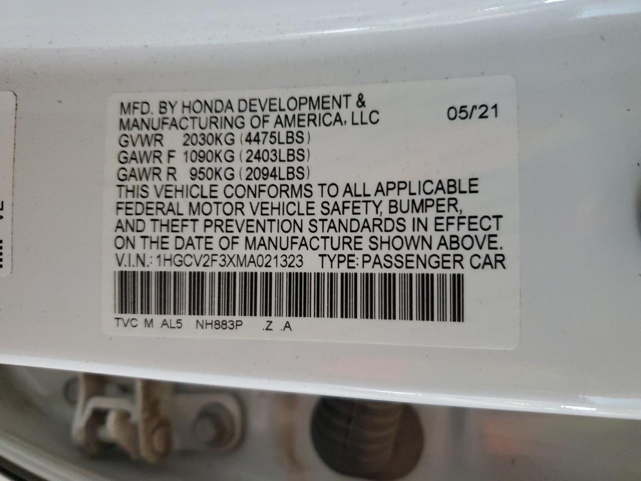 2021 Honda Accord Sport VIN: 1HGCV2F3XMA021323 Lot: 85863925