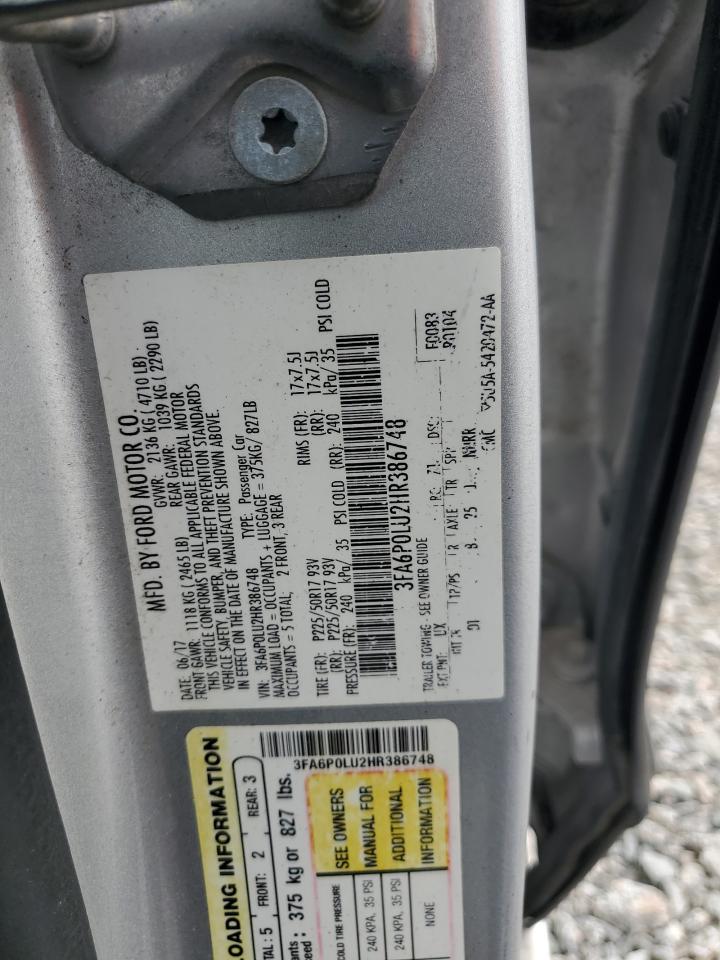 2017 Ford Fusion Se Hybrid VIN: 3FA6P0LU2HR386748 Lot: 85542015