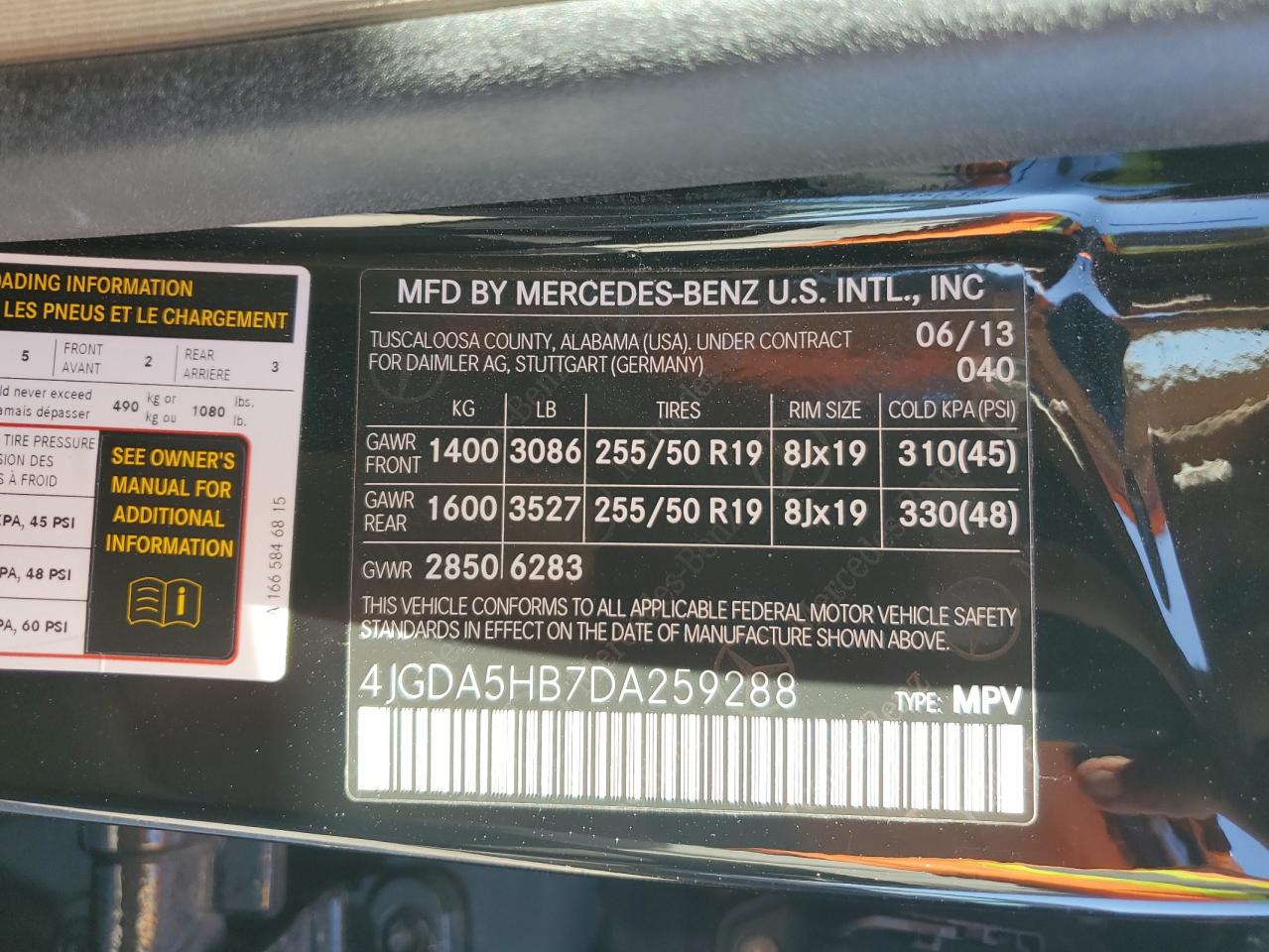 2013 Mercedes-Benz Ml 350 4Matic VIN: 4JGDA5HB7DA259288 Lot: 86182895