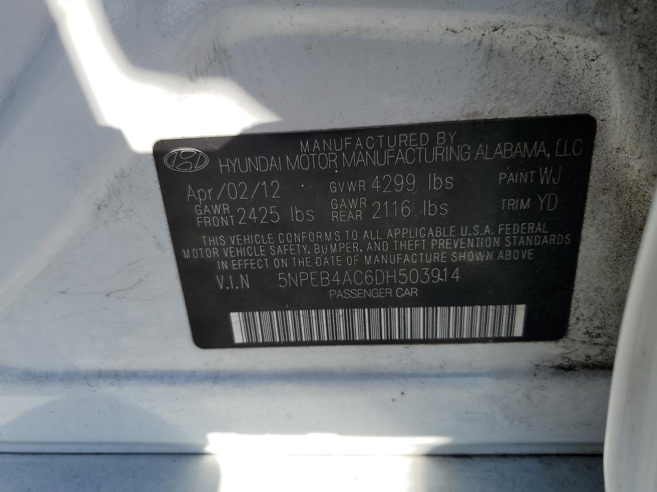 2013 Hyundai Sonata Gls VIN: 5NPEB4AC6DH503914 Lot: 82400455