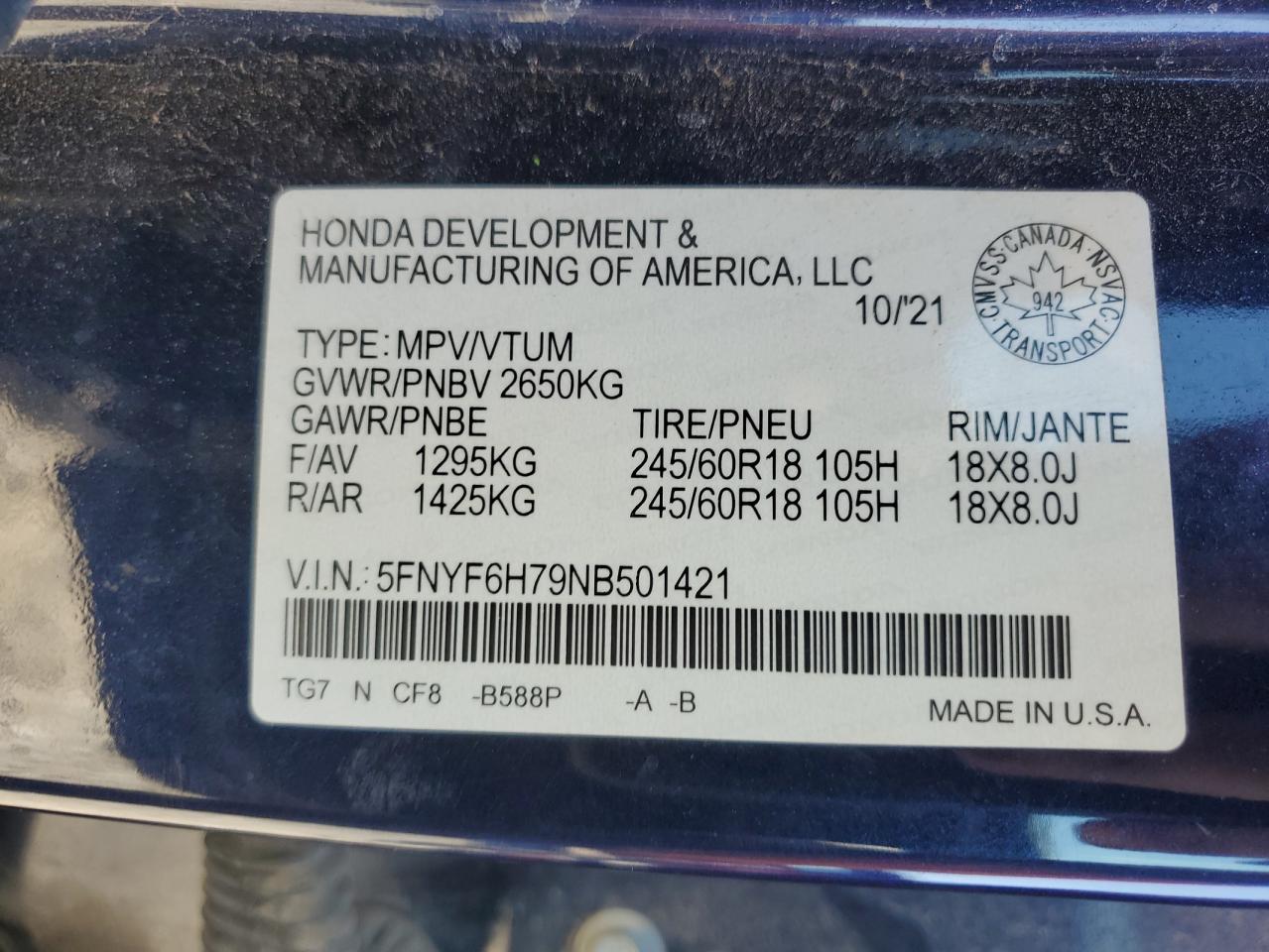 2022 Honda Pilot Black VIN: 5FNYF6H79NB501421 Lot: 85094195