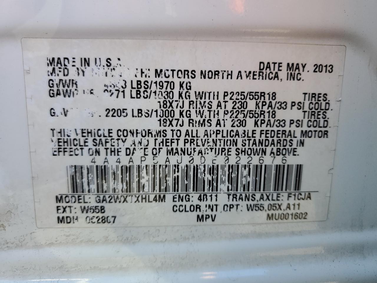 2013 Mitsubishi Outlander Sport Le VIN: 4A4AP5AU0DE022676 Lot: 86818835