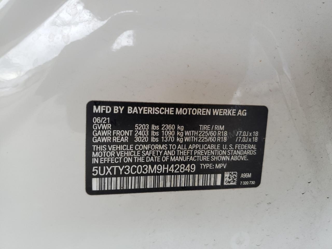 2021 BMW X3 Sdrive30I VIN: 5UXTY3C03M9H42849 Lot: 82251105