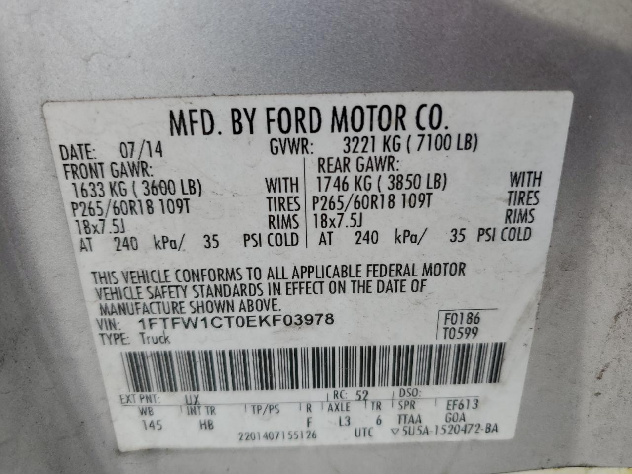 2014 Ford F150 Supercrew VIN: 1FTFW1CT0EKF03978 Lot: 89738905