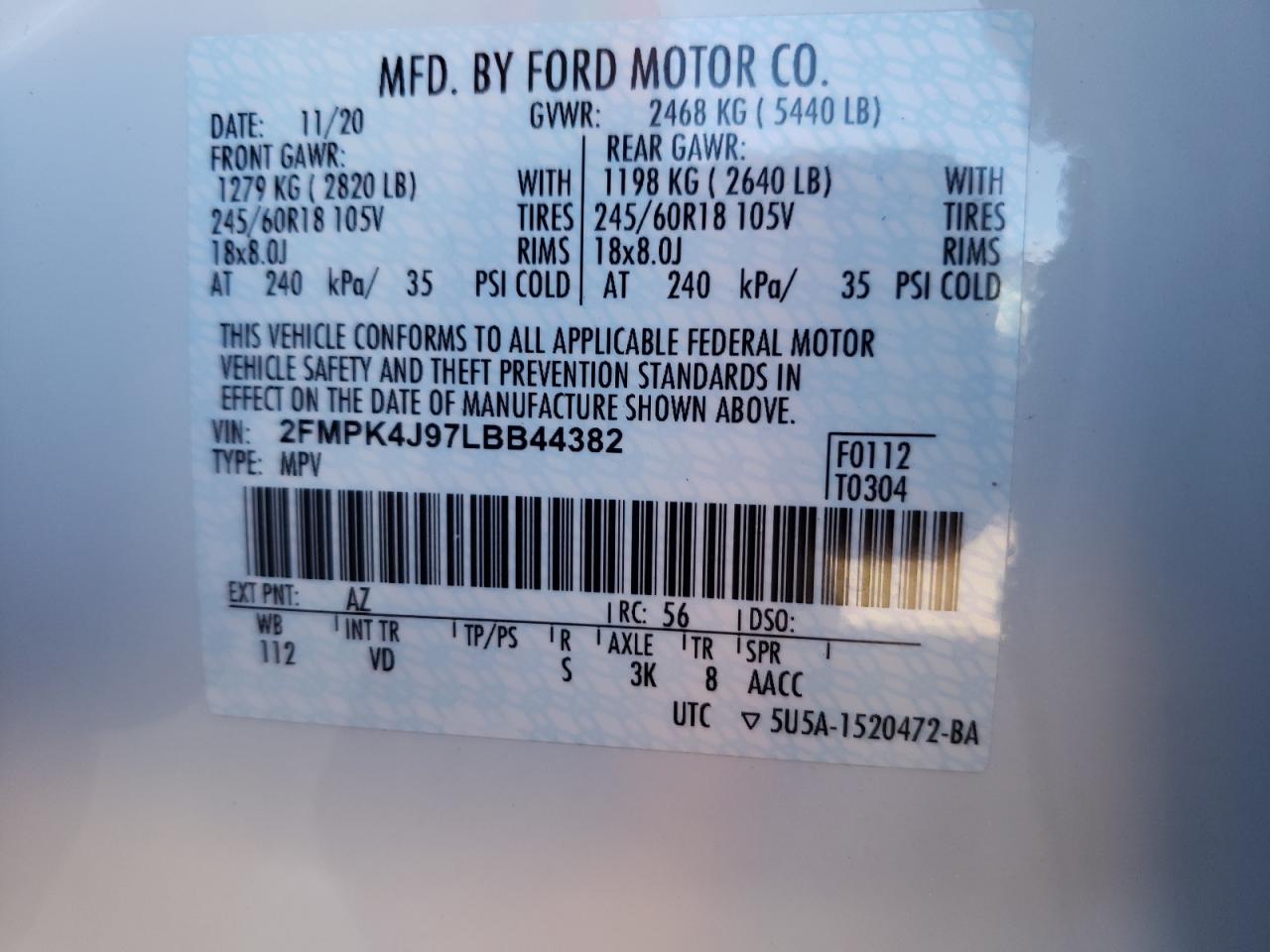 2020 Ford Edge Sel VIN: 2FMPK4J97LBB44382 Lot: 84068965