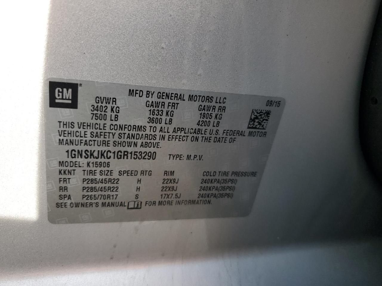 2016 Chevrolet Suburban K1500 Ltz VIN: 1GNSKJKC1GR153290 Lot: 84446625