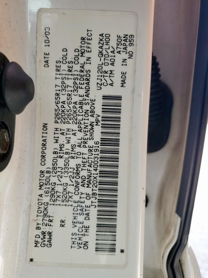 2004 Lexus Gx 470 VIN: JTJBT20X140031916 Lot: 85733545