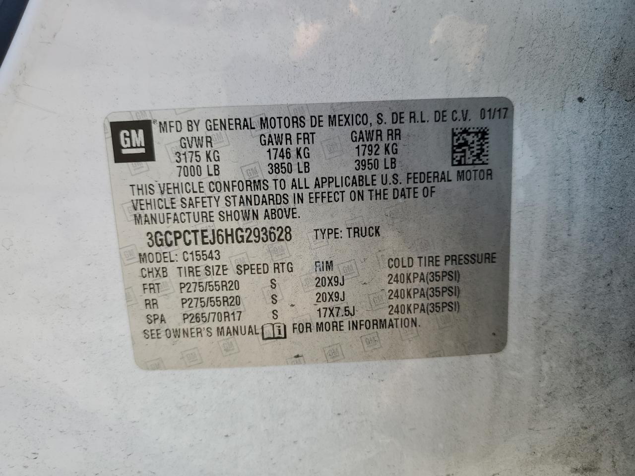 2017 Chevrolet Silverado C1500 High Country VIN: 3GCPCTEJ6HG293628 Lot: 90679165