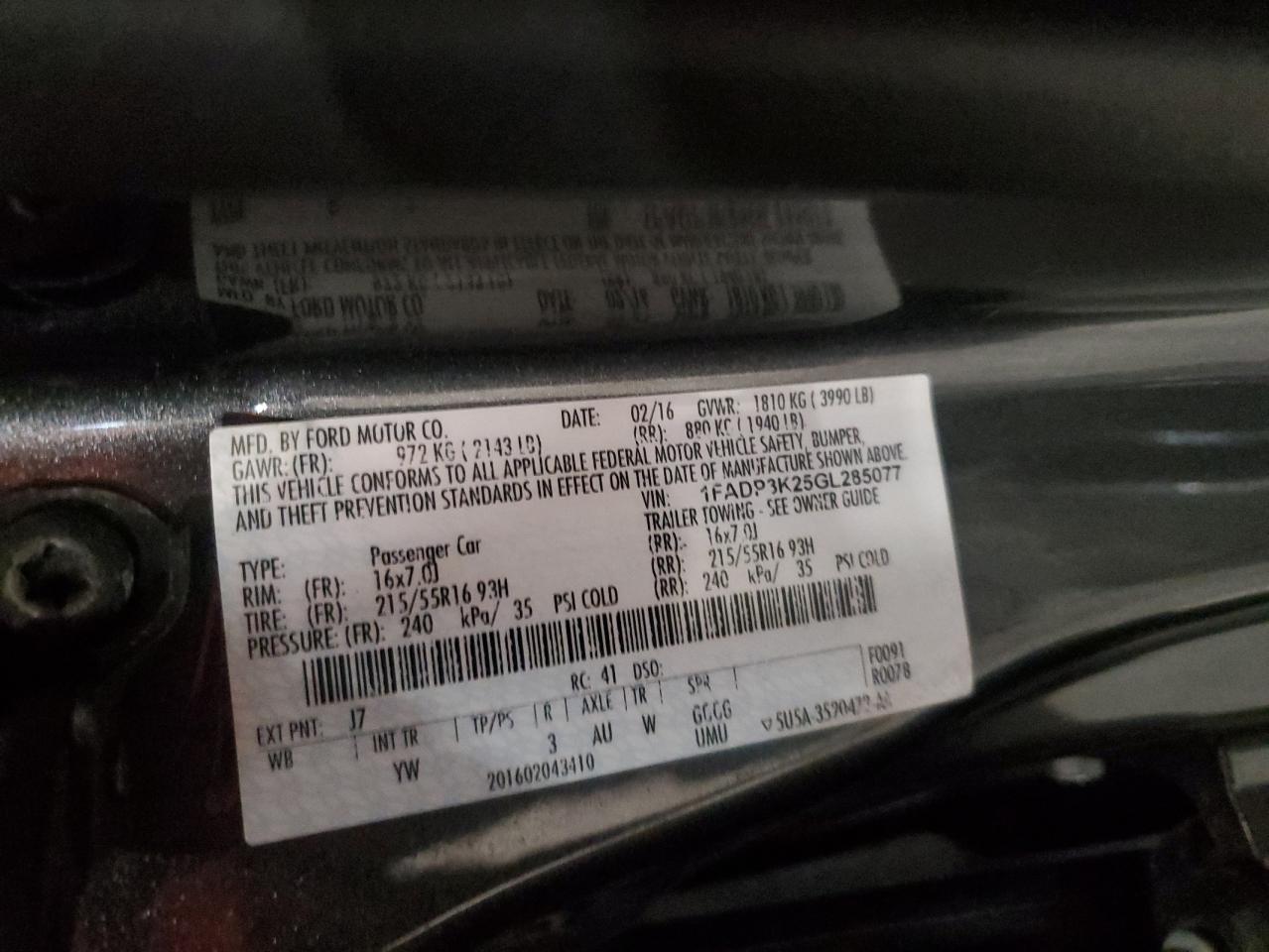 2016 Ford Focus Se VIN: 1FADP3K25GL285077 Lot: 85584075