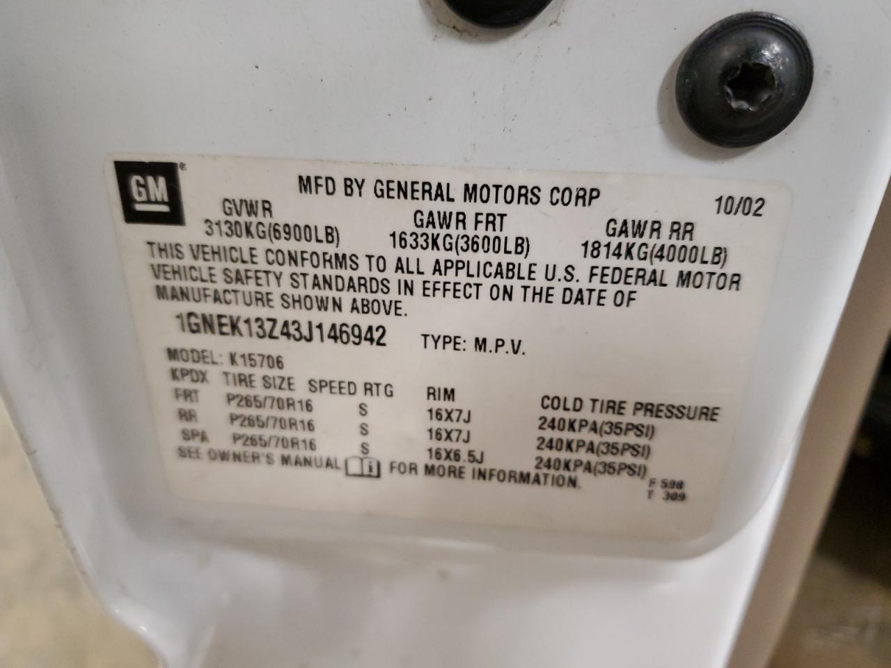 2003 Chevrolet Tahoe K1500 VIN: 1GNEK13Z43J146942 Lot: 85922845