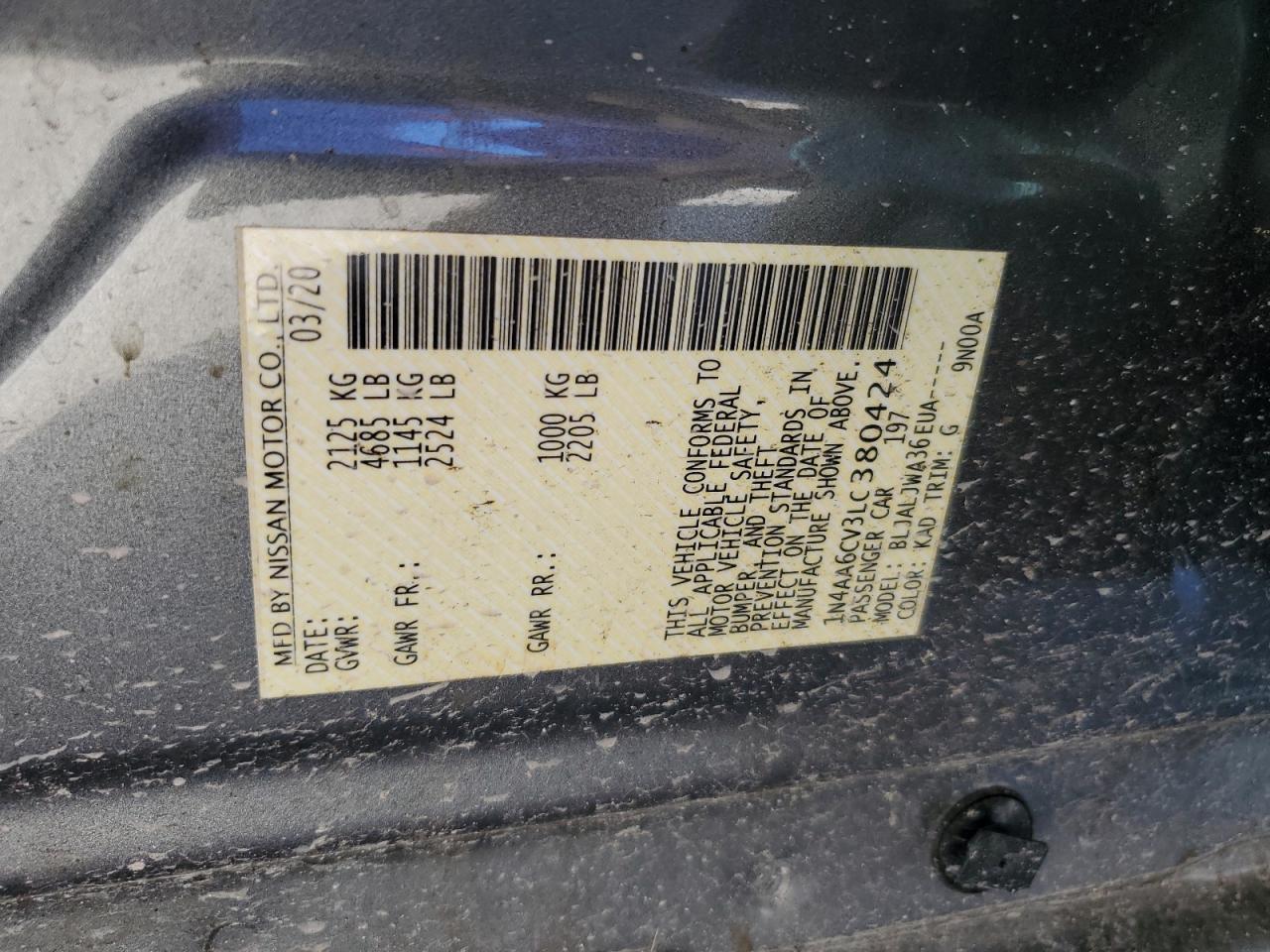 2020 Nissan Maxima Sv VIN: 1N4AA6CV3LC380424 Lot: 84602135