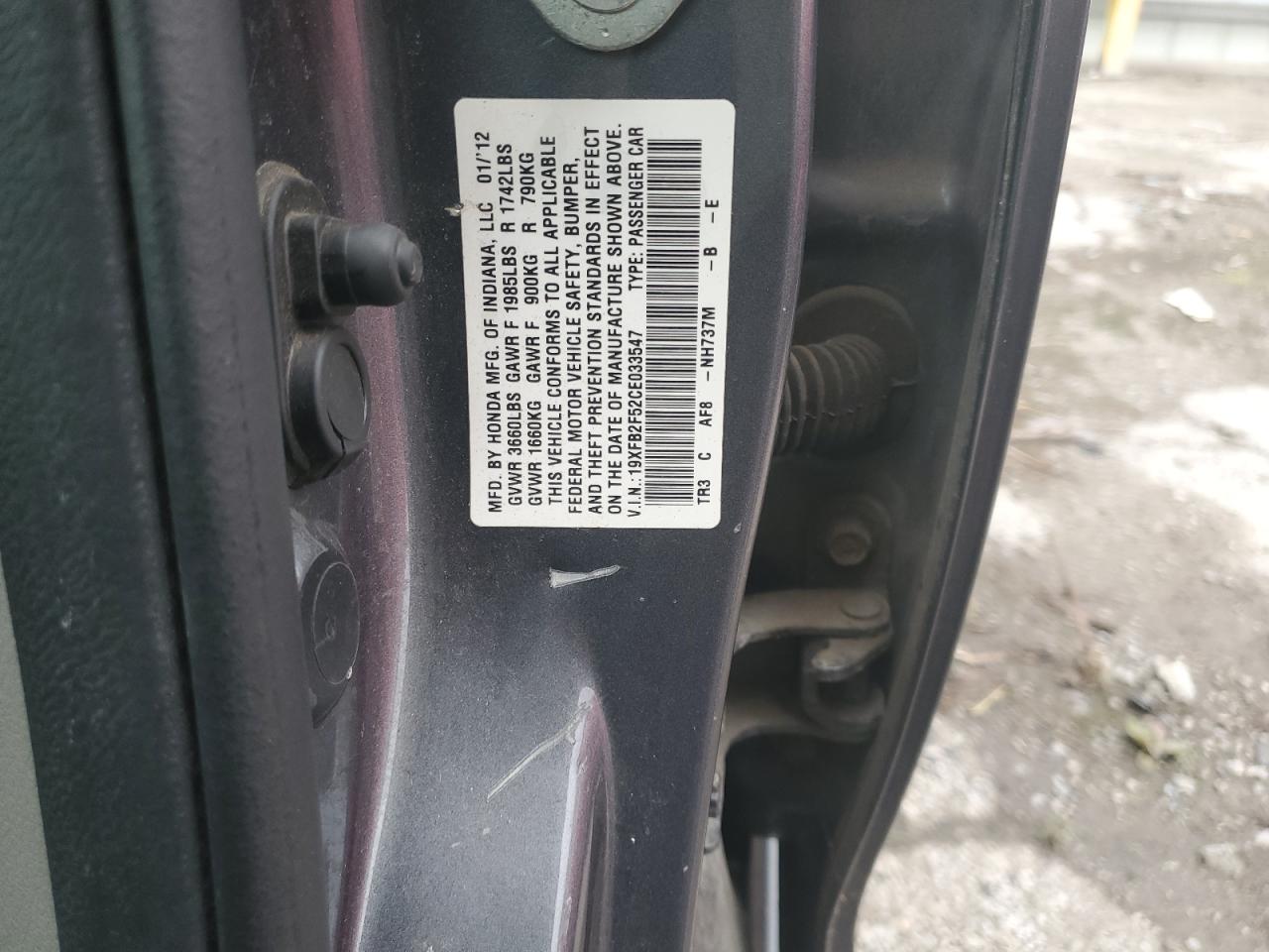 2012 Honda Civic Lx VIN: 19XFB2F52CE033547 Lot: 87303265