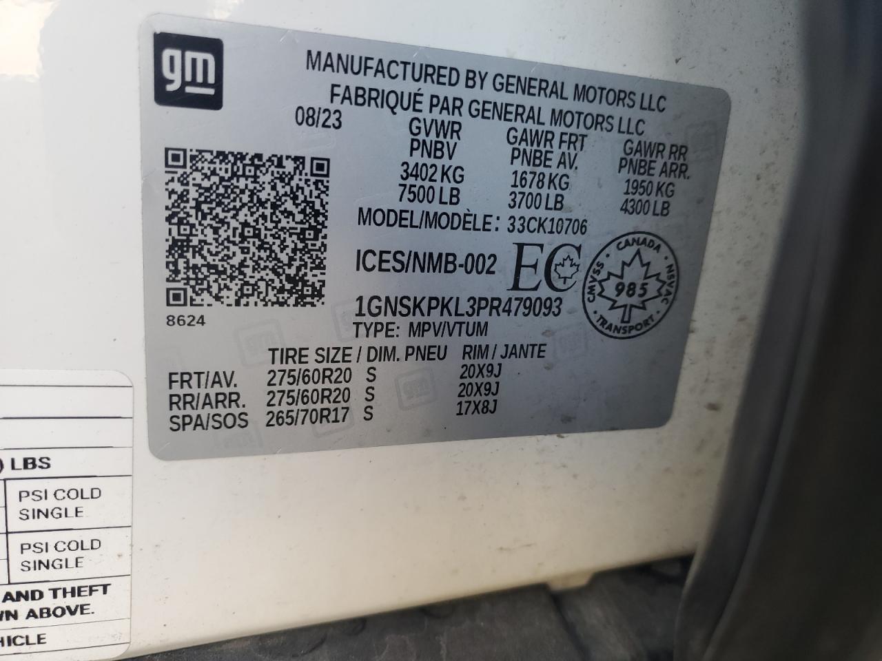 2023 Chevrolet Tahoe K1500 Z71 VIN: 1GNSKPKL3PR479093 Lot: 84542965