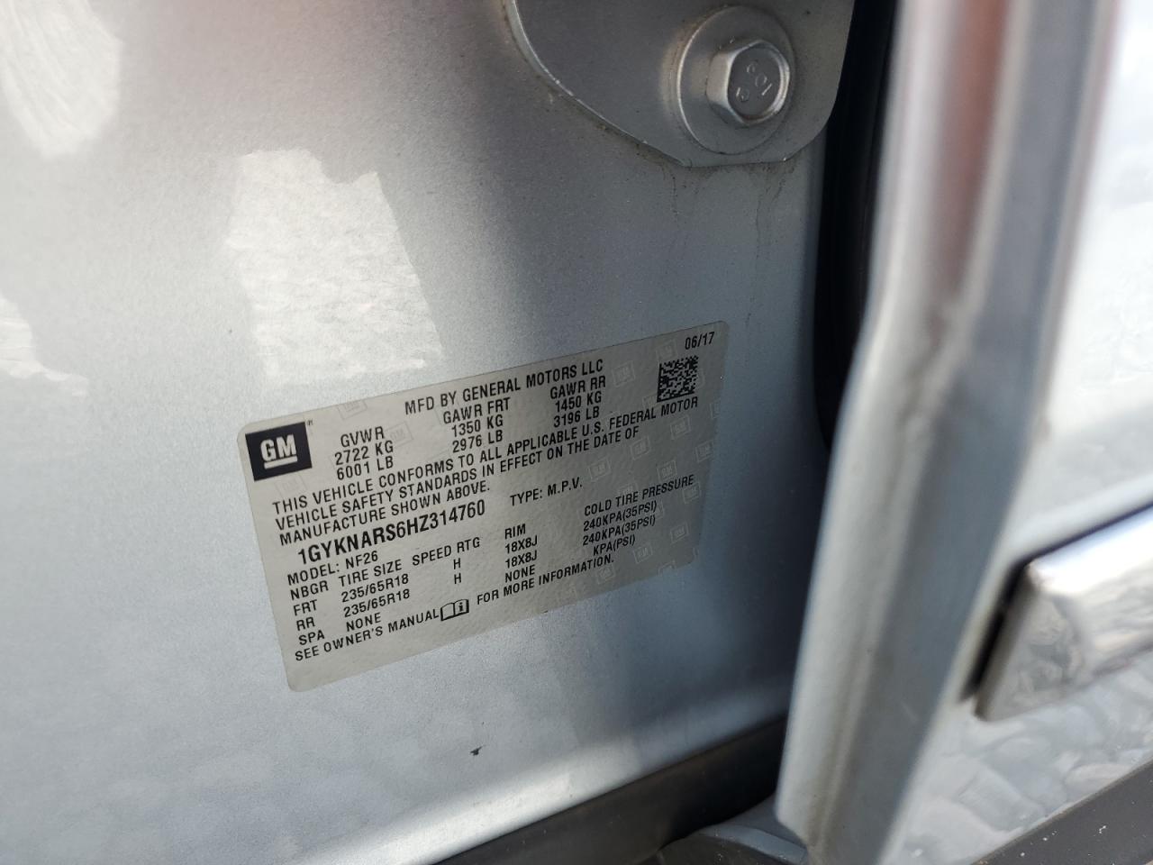 2017 Cadillac Xt5 VIN: 1GYKNARS6HZ314760 Lot: 86077155