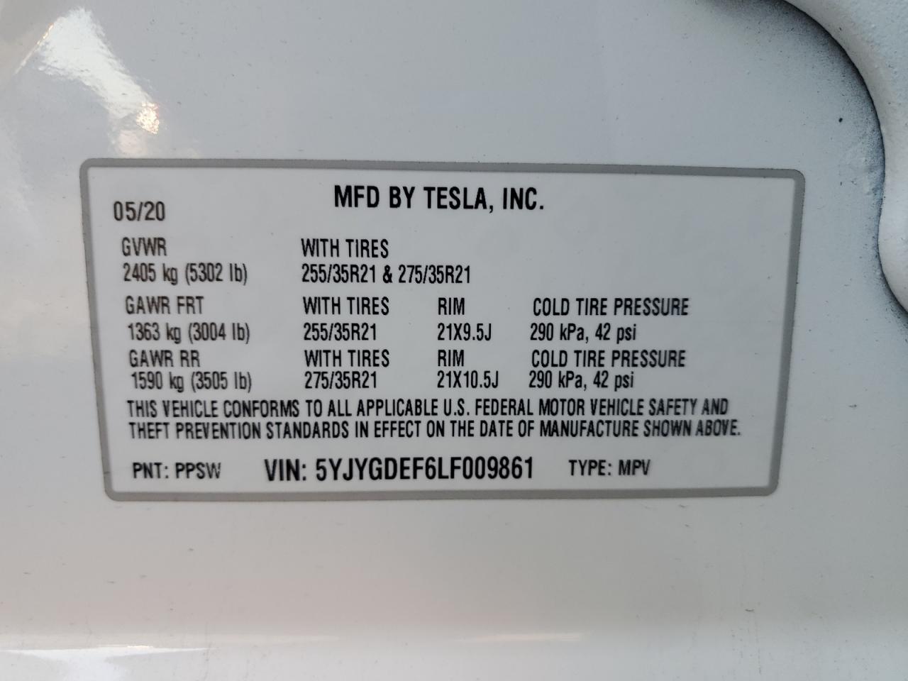 2020 Tesla Model Y VIN: 5YJYGDEF6LF009861 Lot: 89860545
