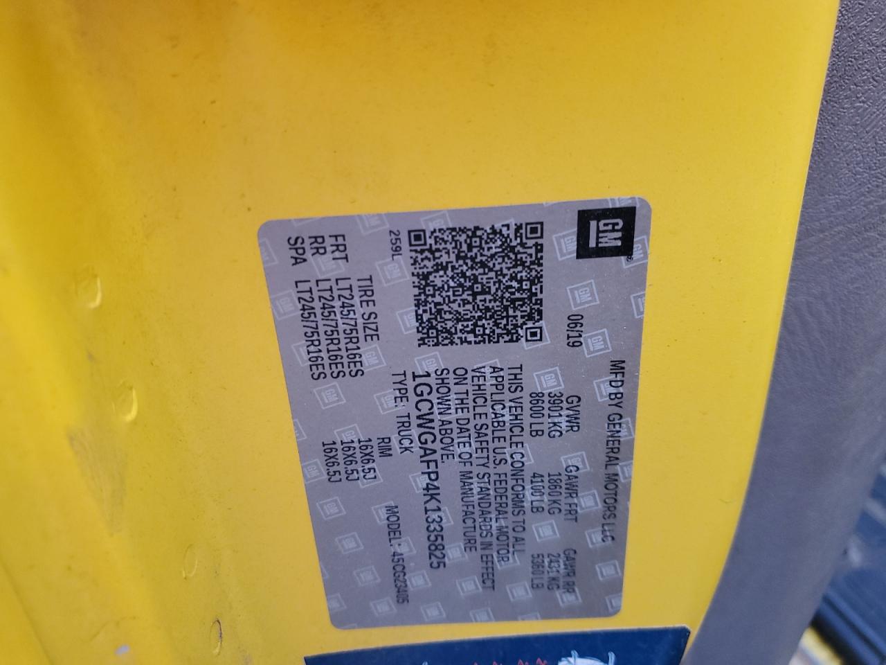 2019 Chevrolet Express G2500 VIN: 1GCWGAFP4K1335825 Lot: 86083395