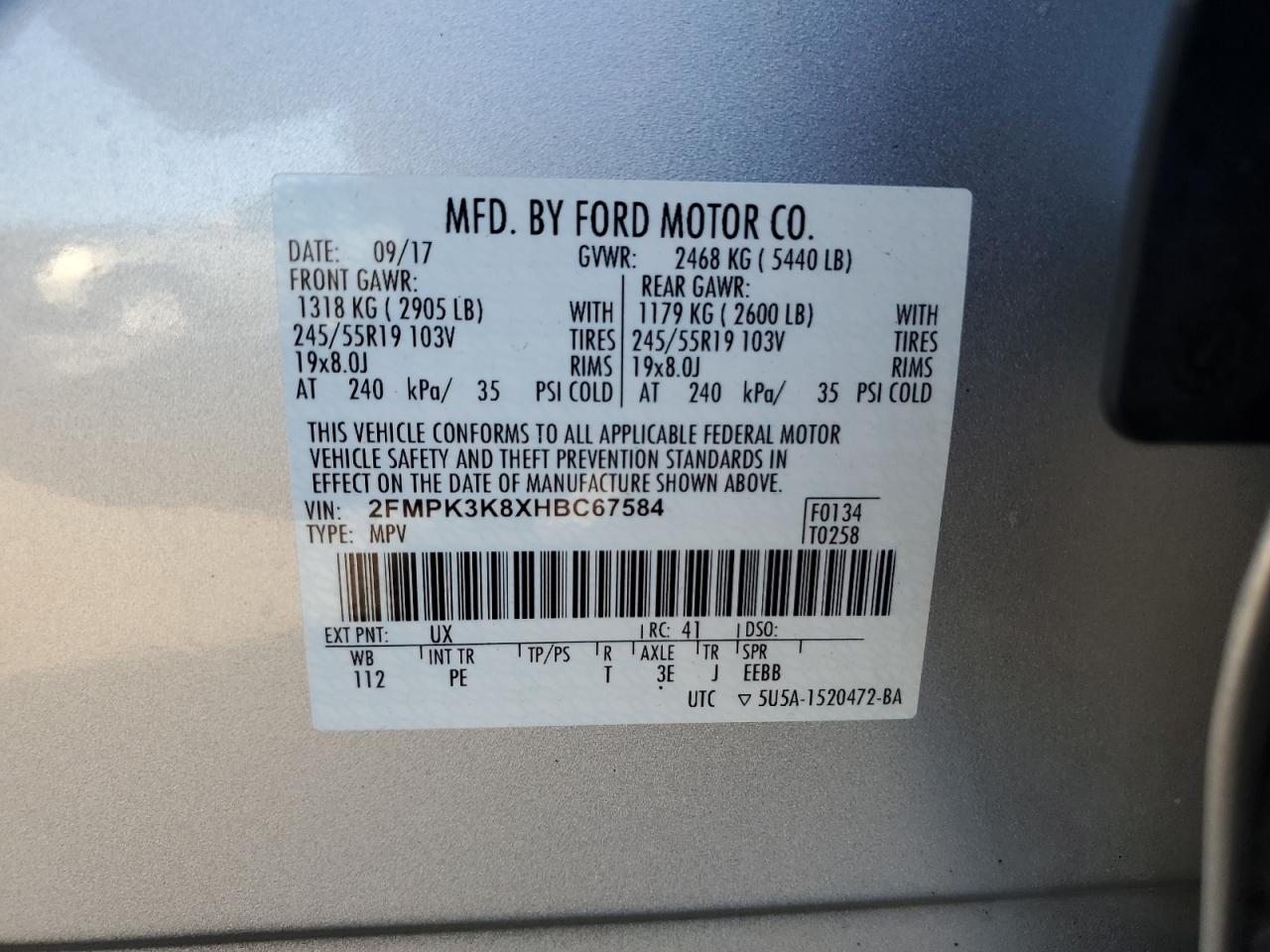 2017 Ford Edge Titanium VIN: 2FMPK3K8XHBC67584 Lot: 86267925