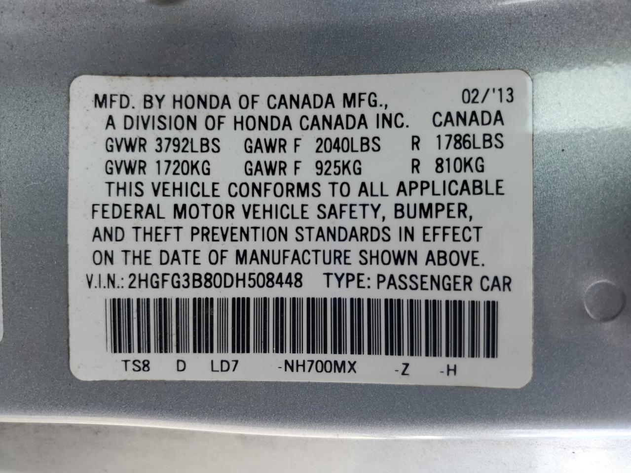 2013 Honda Civic Ex VIN: 2HGFG3B80DH508448 Lot: 84934455