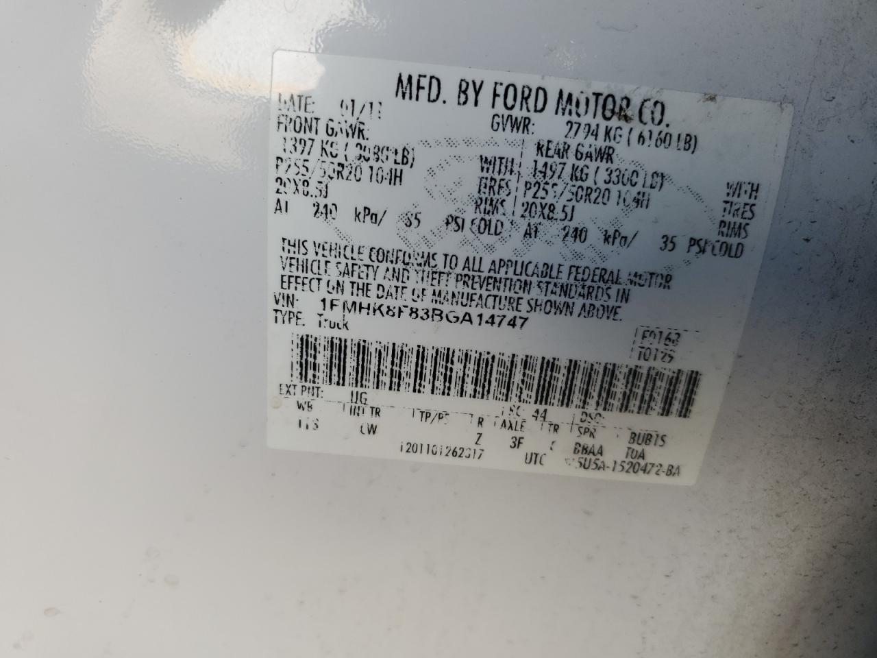 2011 Ford Explorer Limited VIN: 1FMHK8F83BGA14747 Lot: 82643665