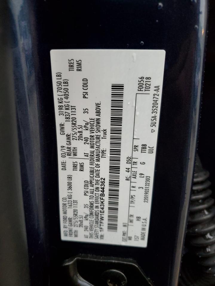 2019 Ford F150 Supercrew VIN: 1FTFW1E43KFB44362 Lot: 84971515