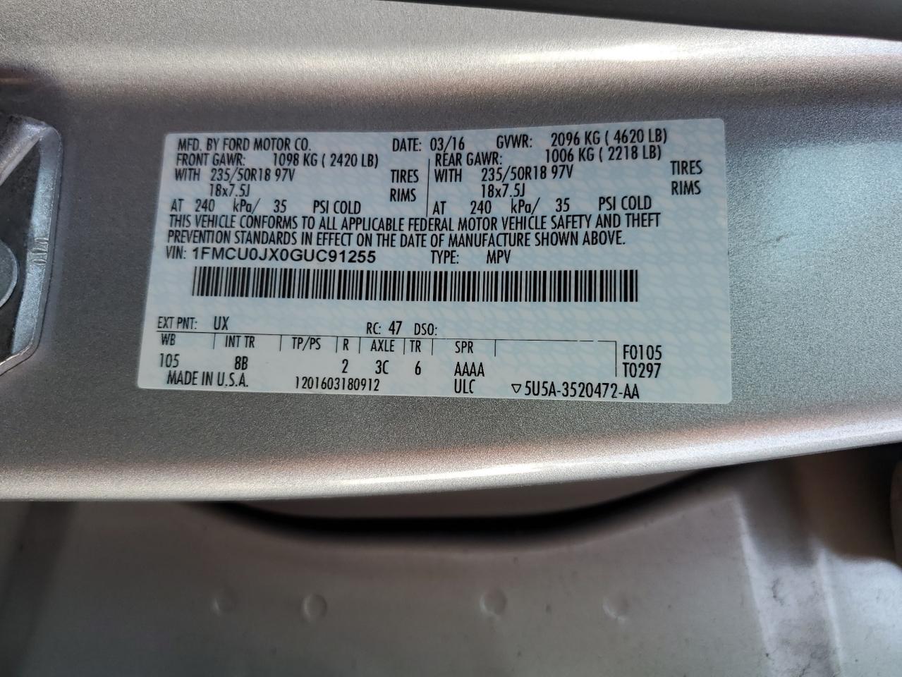 2016 Ford Escape Titanium VIN: 1FMCU0JX0GUC91255 Lot: 81956055