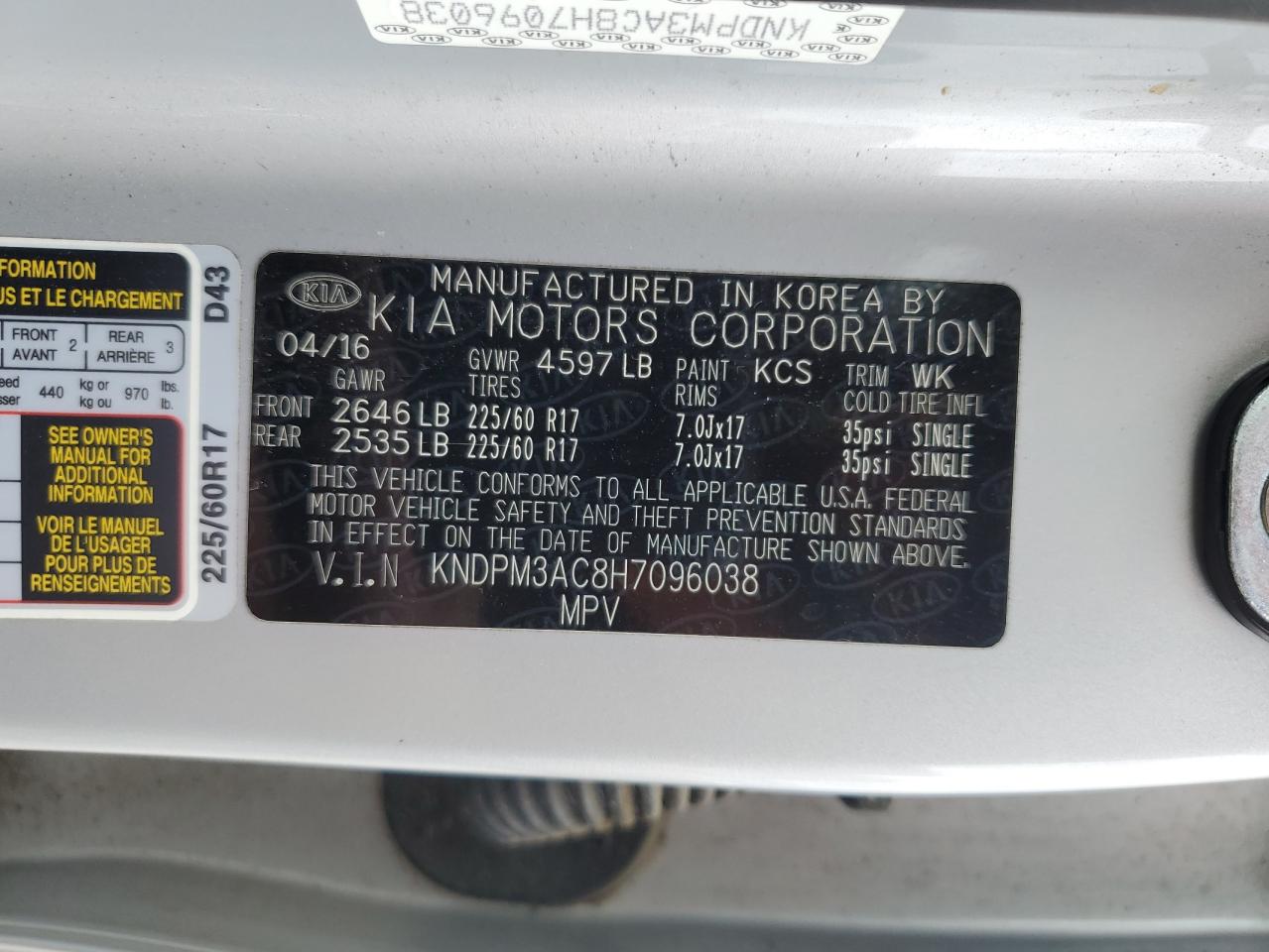 2017 Kia Sportage Lx VIN: KNDPM3AC8H7096038 Lot: 82324685