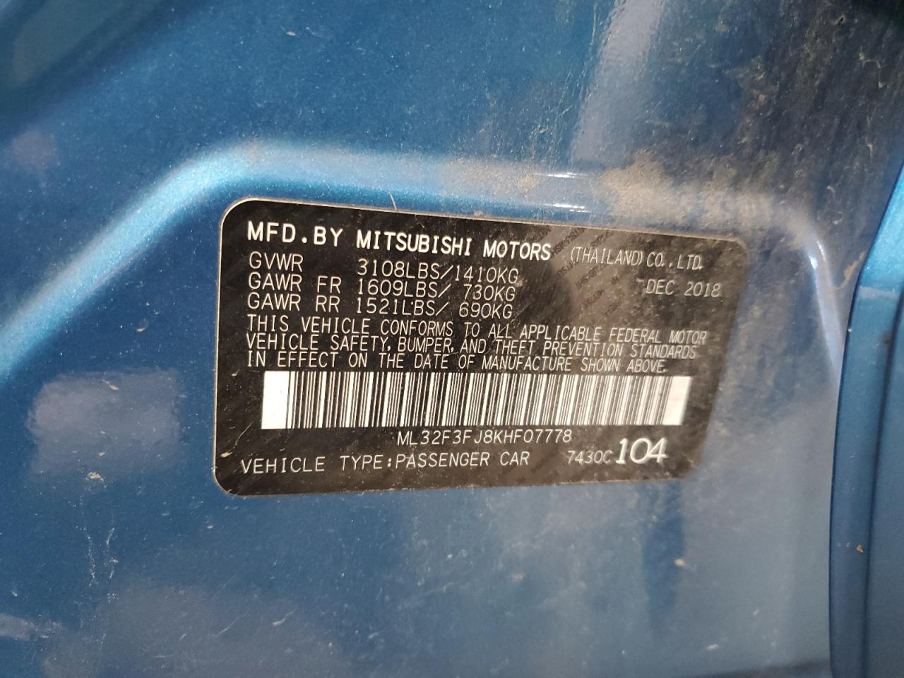 2019 Mitsubishi Mirage G4 Es VIN: ML32F3FJ8KHF07778 Lot: 86987395